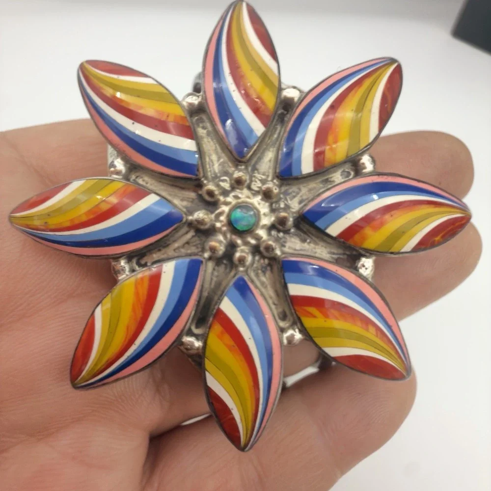 Vtg Sterling Silver Multi Stone Inlay Large Flower Cuff Bracelet One of a Kind